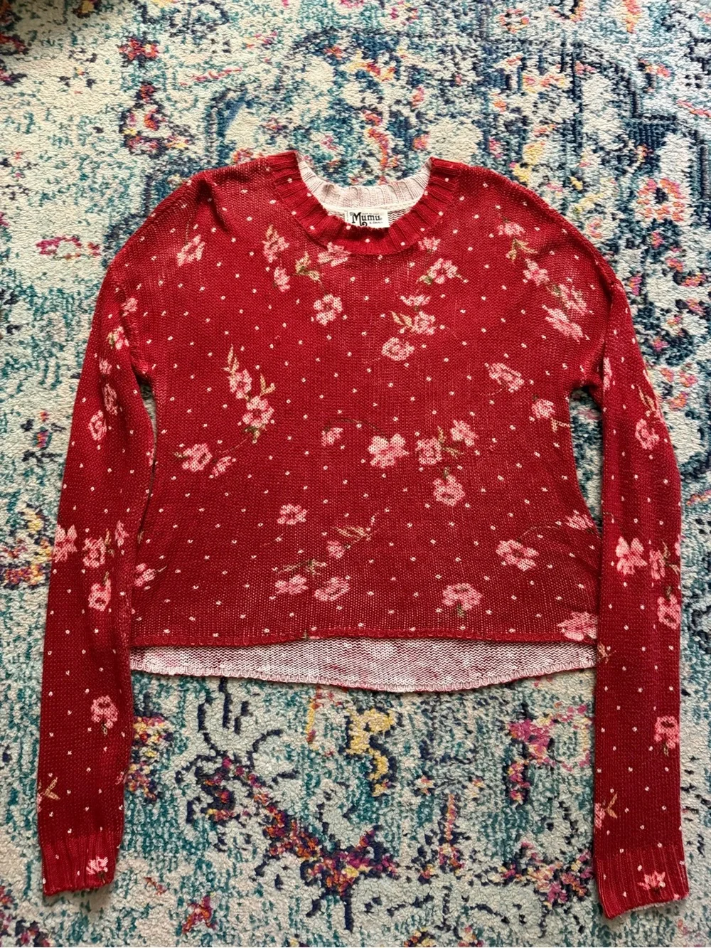 Show Me Your Mumu Dotcha Love Me Knit Cropped Varsity Sweater Red Floral S Boho